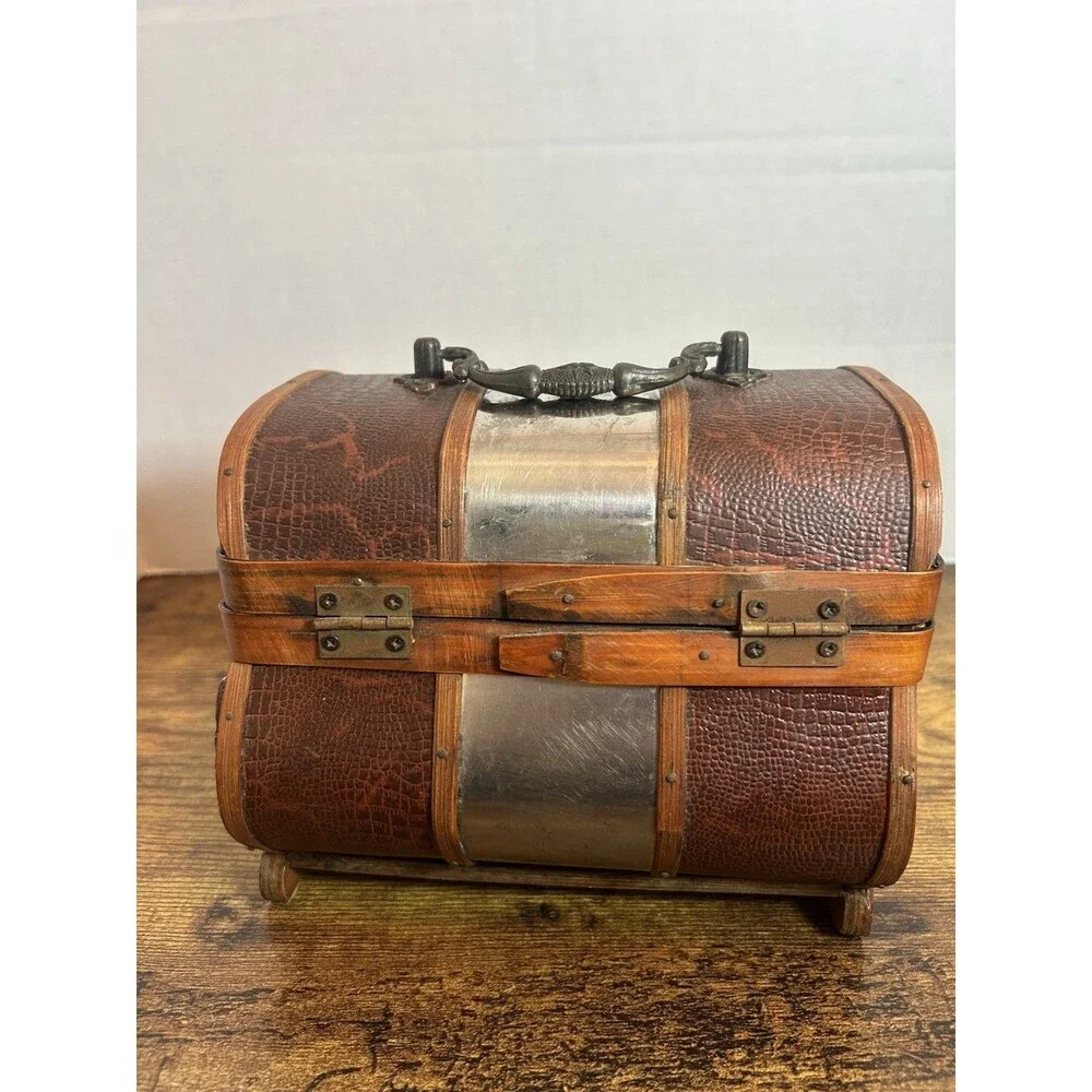 Vintage Treasure Chest Wooden Faux Croc Metal Accent Trinket Box Decorative